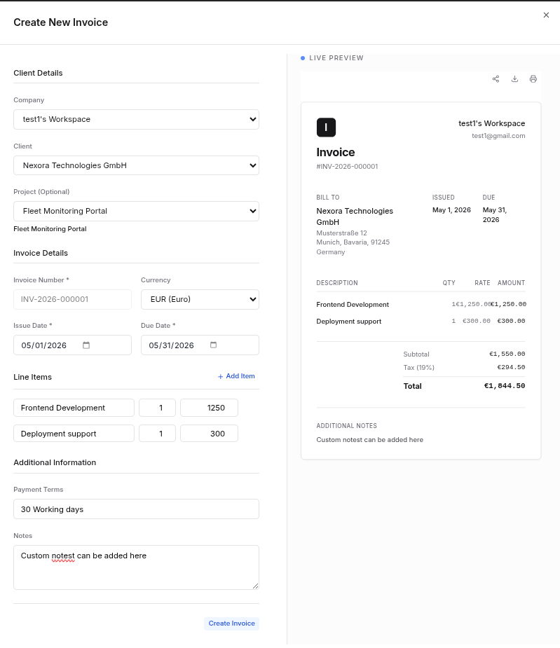 Creating a new invoice