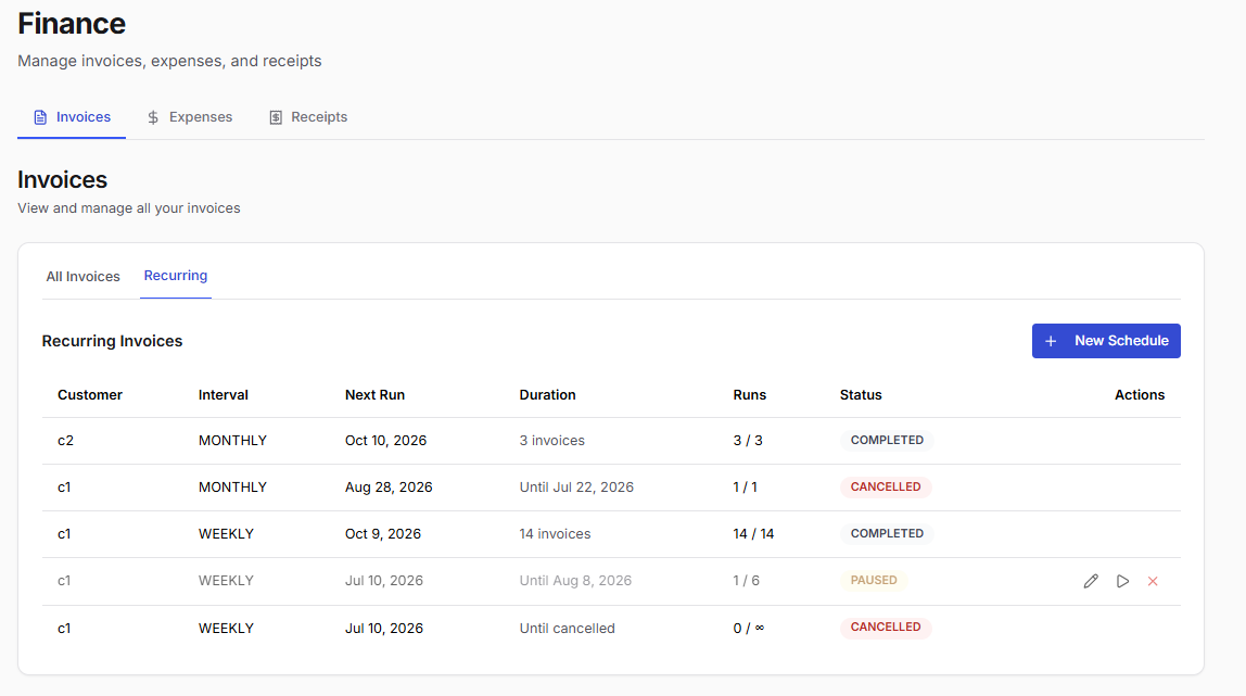 Finance — Recurring invoices